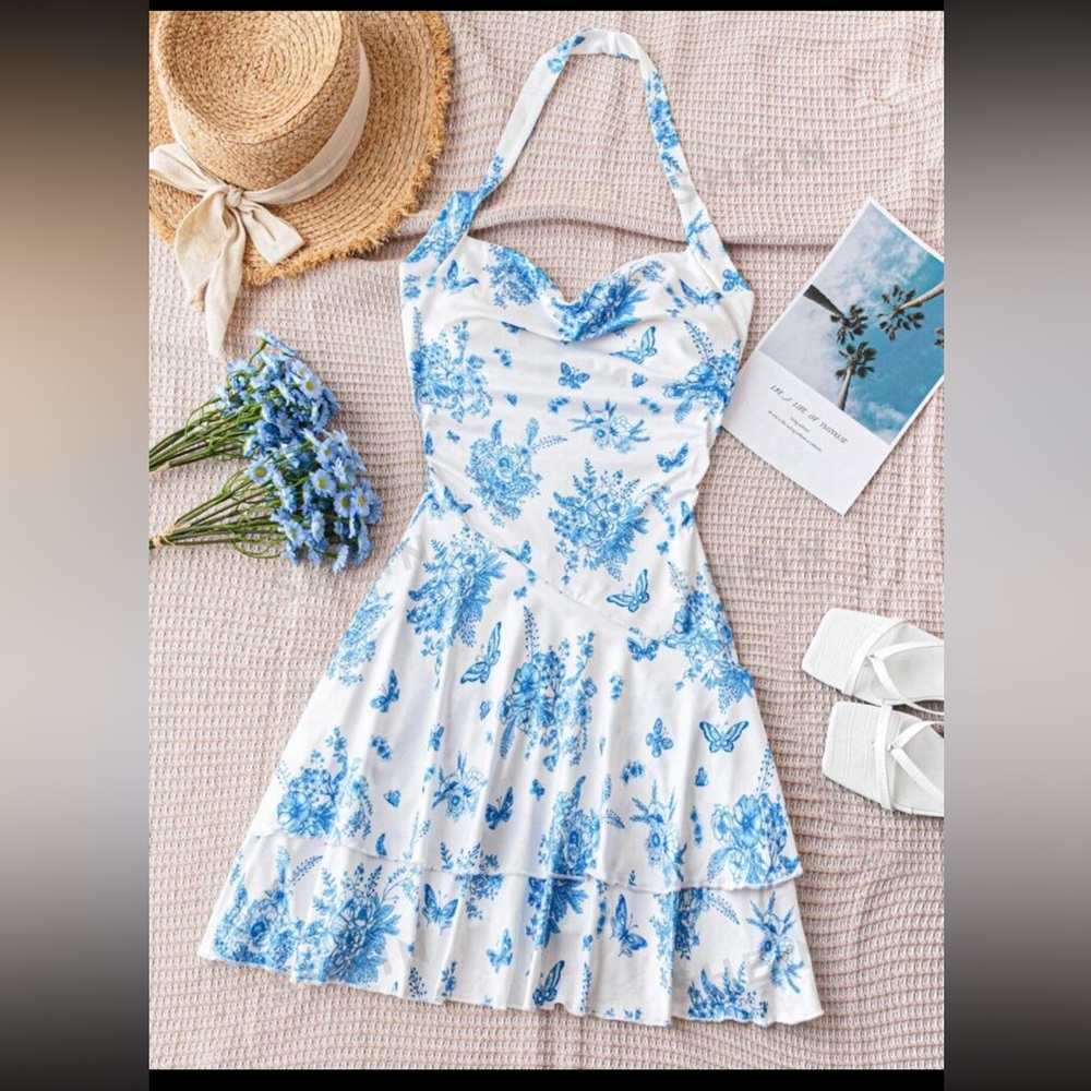 blue floral halter dress